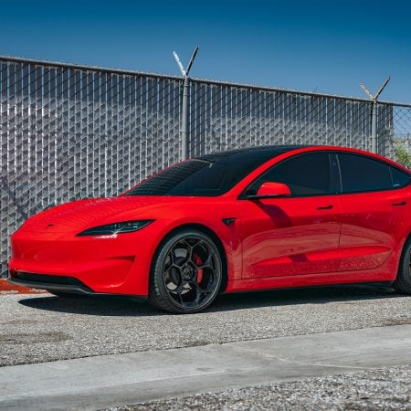Bright Red 2024 Tesla Model 3 Performance 20 inch UP-05 Wheels in Gloss Black