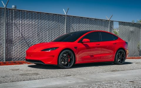 Bright Red 2024 Tesla Model 3 Performance 20 inch UP-05 Wheels in Gloss Black