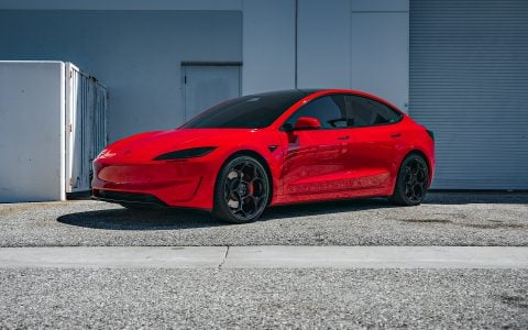 Bright Red 2024 Tesla Model 3 Performance 20 inch UP-05 Wheels in Gloss Black