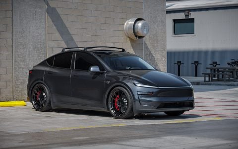 Stealth Gray Tesla Model Y Juniper on 21-Inch UP Forged UP-03 Wheels in Satin Black