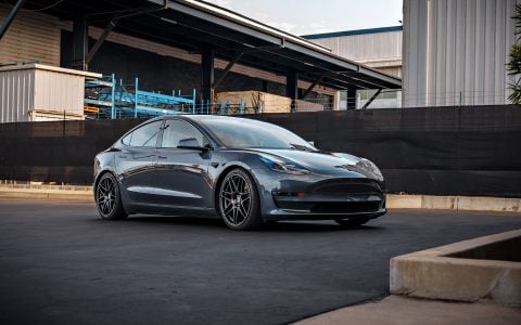 Lowered Gray Tesla Model 3 on UP x BBS Flugplatz Wheels in Astroid Gray