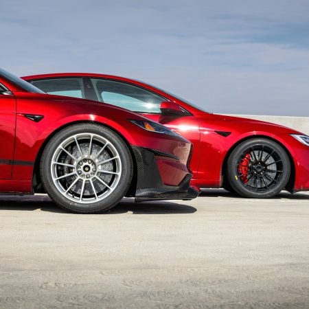 Red Mica Tesla Model S Plaid & Ultra Red Tesla Model 3 Performance Highland Track Builds –  UP-03 Forged Race Wheels