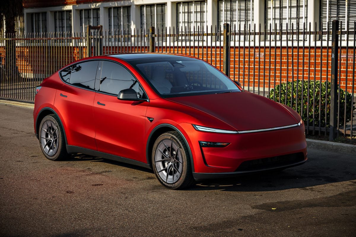 2026 Satin Red Tesla Model Y Juniper on 20 Inch UP Forged UP-RW Road Warrior Wheels
