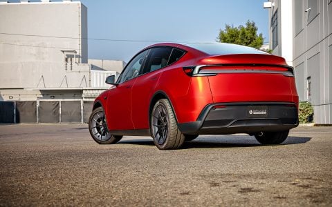 2026 Satin Red Tesla Model Y Juniper on 20 Inch UP Forged UP-RW Road Warrior Wheels 8 2026 Satin Red Tesla Model Y Juniper on 20 Inch UP Forged UP-RW Road Warrior Wheels