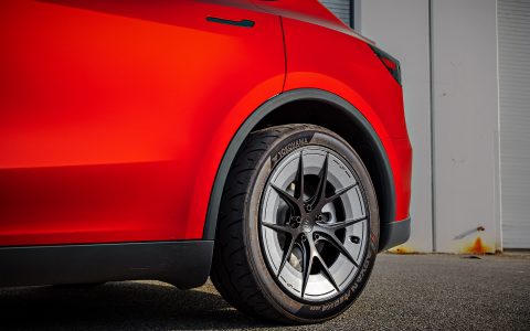 Satin Red Tesla Model Y Juniper on Forged UP-RW Road Warrior Wheel by Unplugged Performance 1920px (7)
