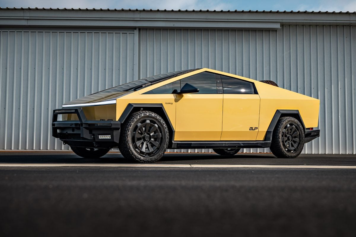 Tan Wrapped Tesla Cybertruck with 24-Inch UP Forged CYBRNOVA in Satin Black