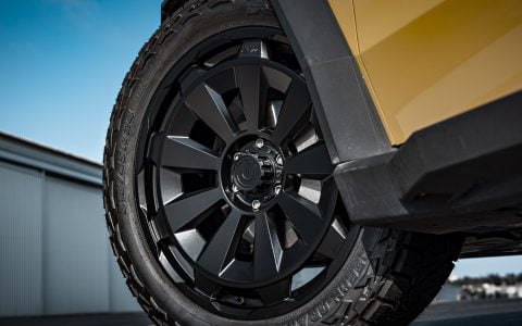 Tan Wrapped Tesla Cybertruck with 24-Inch UP Forged CYBRNOVA in Satin Black