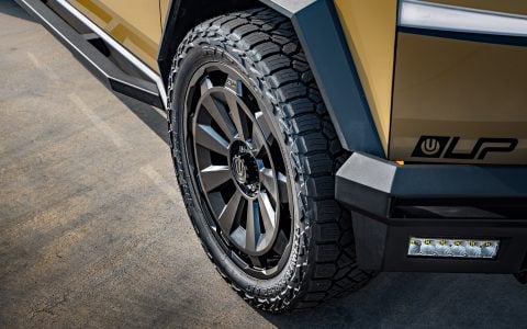 Tesla Cybertruck UP Forged CYBRNOVA 24-Inch Satin Black Wheels and UP INVINCIBLE Steel Bumpers and Rock Sliders 1920px (3)
