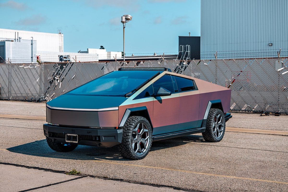 CYBERODYSSEY Holographic Wrapped Tesla Cybertruck on UP Forged CYBRSPOKE Wheels in Satin Titanium