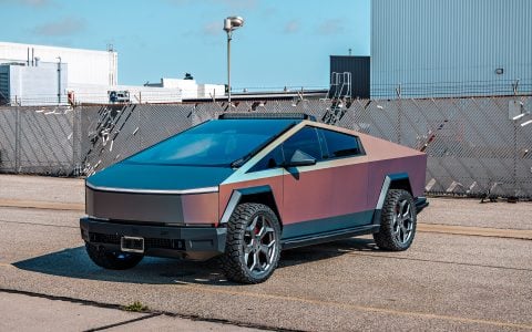 CYBERODYSSEY Holographic Wrapped Tesla Cybertruck on UP Forged CYBRSPOKE Wheels in Satin Titanium