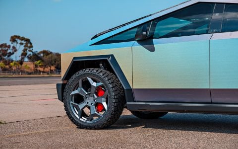 CYBERODYSSEY Holographic Wrapped Tesla Cybertruck on UP Forged CYBRSPOKE Wheels in Satin Titanium