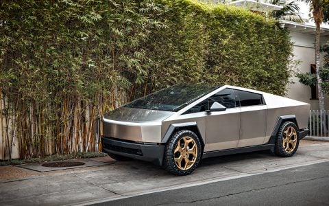 Stainless Steel Tesla Cybertruck on 24-Inch UP Forged CYBRSPOKE in Satin Bronze