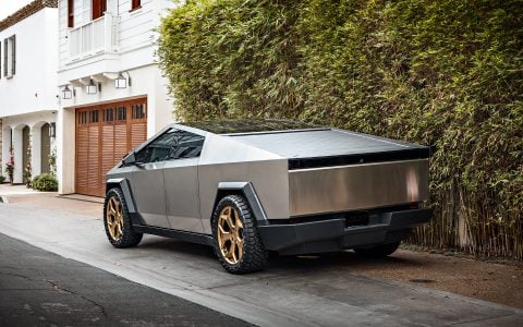 Stainless Steel Tesla Cybertruck on 24-Inch UP Forged CYBRSPOKE in Satin Bronze