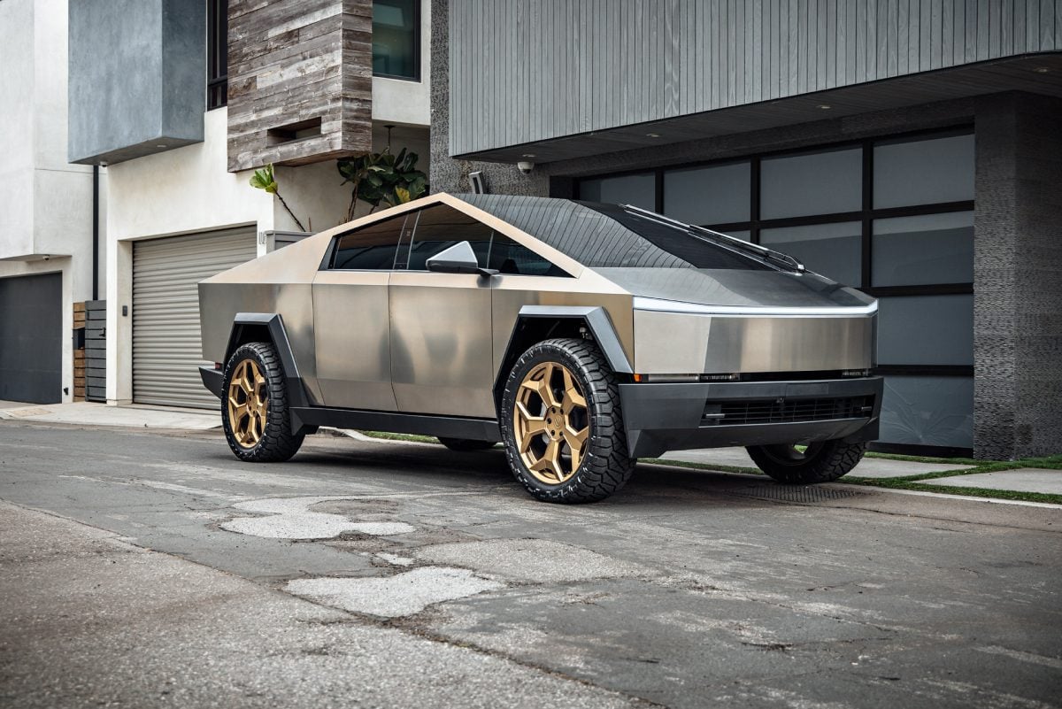 Stainless Steel Tesla Cybertruck on 24-Inch UP Forged CYBRSPOKE in Satin Bronze