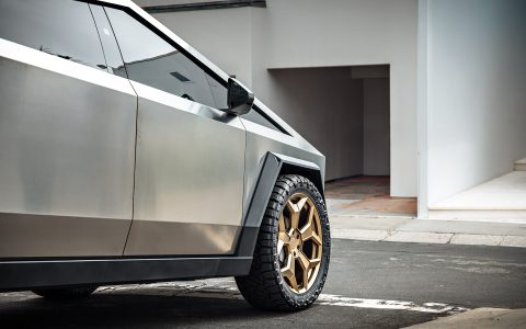 Stainless Steel Tesla Cybertruck on 24-Inch UP Forged CYBRSPOKE in Satin Bronze
