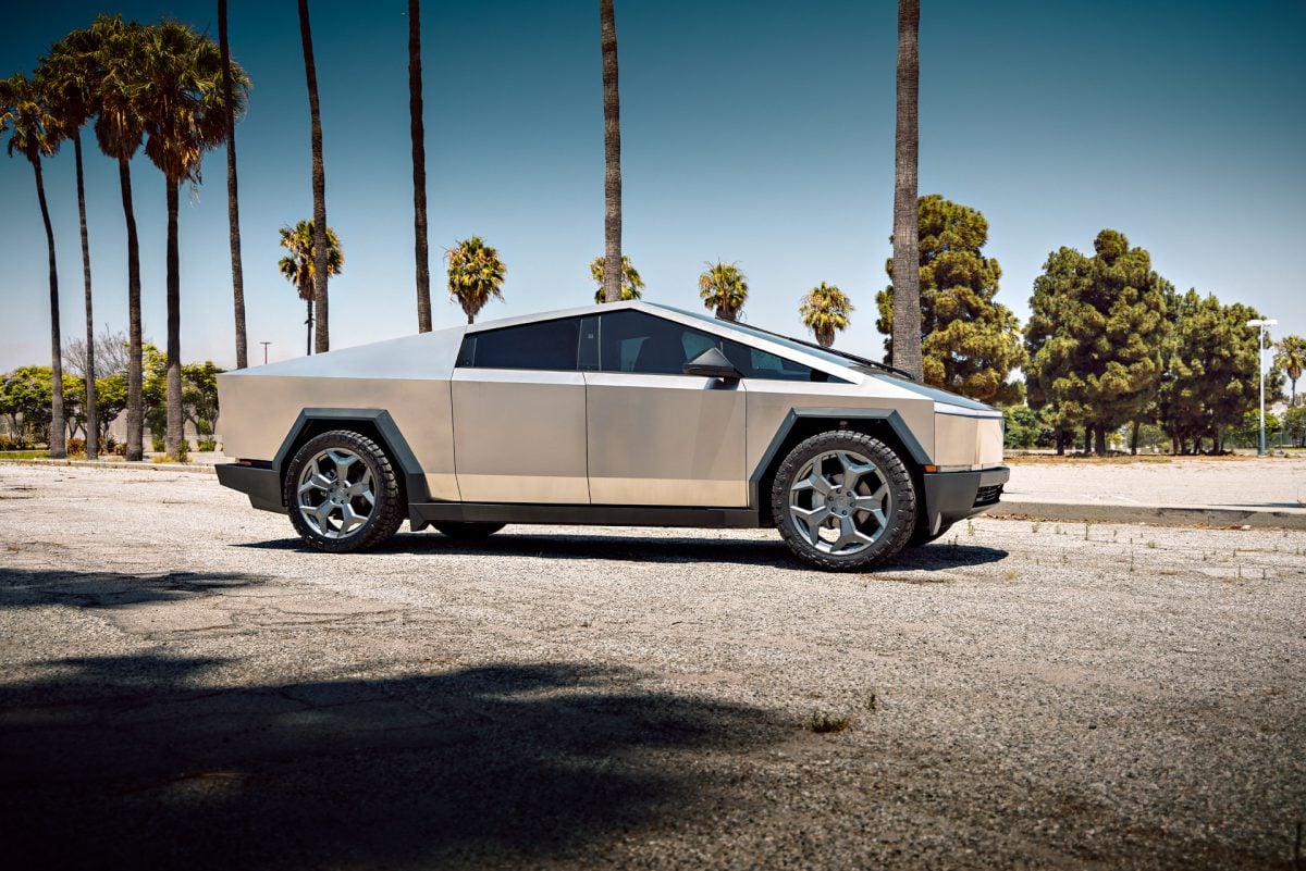 Stainless Steel Tesla Cybertruck on 24-Inch UP Forged CYBRSPOKE in Satin Titanium