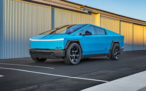 Gloss Sky Blue Wrapped Tesla Cybertruck on 24 inch CYBRHEX wheels in Satin Black