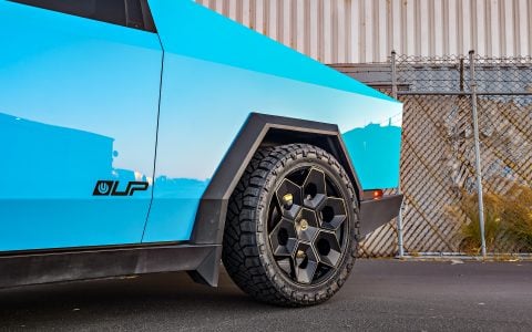 Gloss Sky Blue Wrapped Tesla Cybertruck on 24 inch CYBRHEX wheels in Satin Black