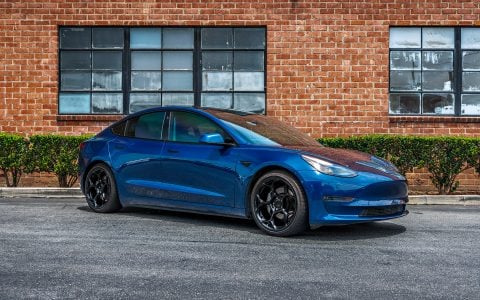 Deep Blue Metallic Tesla Model 3 with Luxury Suspension on UP Forged UP-05 Wheels in Gloss Black