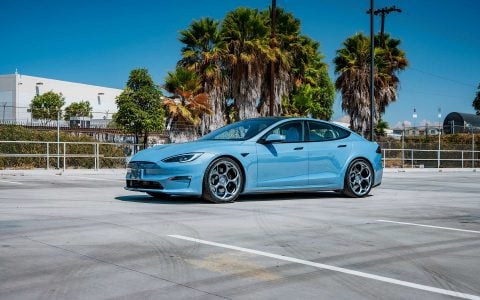 Frost Blue Metallic Tesla Model S Plaid with UP Forged UP-05 Satin Titanium Wheels