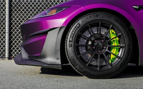 KPMF Matte Purple Black Iridescent Wrapped Model 3 with Carbon Fiber Aero Kit on UP-03 Forged Wheels in Satin Black