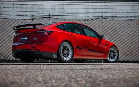 Red Rocket 2024 Tesla Model 3 Performance on 20 Inch UP Forged UP-RW Road Warrior Wheels