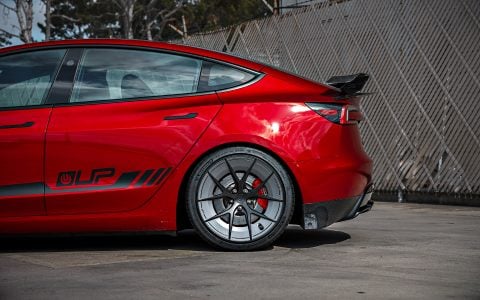 Red Rocket 2024 Tesla Model 3 Performance on 20 Inch UP Forged UP-RW Road Warrior Wheels