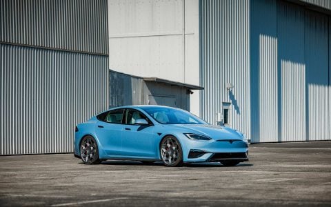Frost Blue Metallic Tesla Model S Plaid with UP Forged CYBRHEX Satin Titanium Wheels