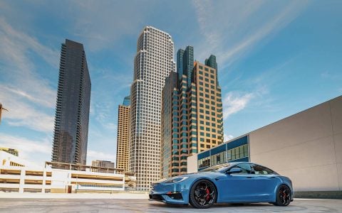 Frost Blue Metallic Tesla Model S Plaid with UP Forged UP-05 Satin Black Wheels
