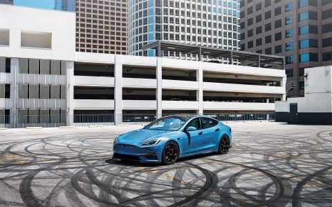 Frost Blue Metallic Tesla Model S Plaid with UP Forged UP-05 Satin Black Wheels