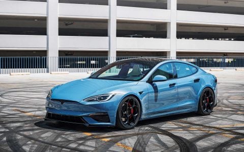 Frost Blue Metallic Tesla Model S Plaid with UP Forged UP-05 Satin Black Wheels