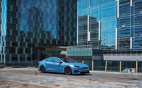 Frost Blue Metallic Tesla Model S Plaid with UP Forged UP-05 Satin Black Wheels