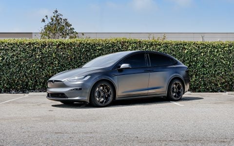 Satin PPF Covered Black Tesla Model X on 20 inch UP-05 Forged Wheels in Satin Black