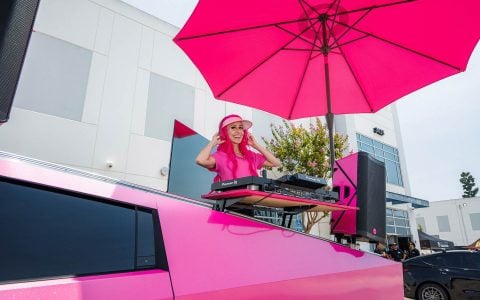 Pink Cybertruck DJ at Outside of the Unplugged Performance Open House Event August 2nd.