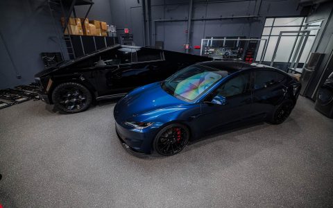 Gloss Black Wrapped Tesla Cybertruck and Excelsior Blue Tesla Model 3 Performance Highland welcome guests at the First-Ever Open House at UP Headquarters.