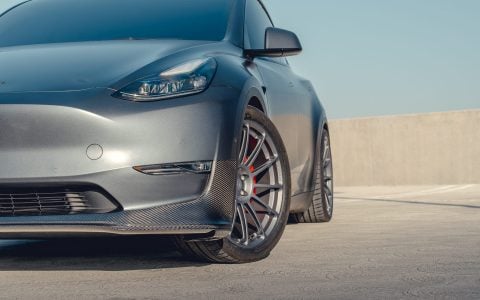 Gray Tesla Model Y - Front Lip Spoiler And UP-03 Wheels In Satin Titanium