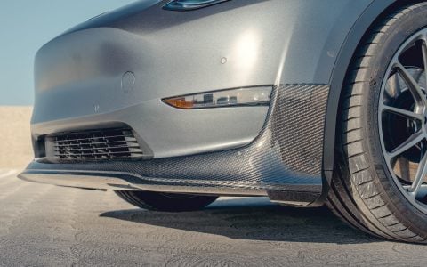 Gray Tesla Model Y - Front Lip Spoiler And UP-03 Wheels In Satin Titanium