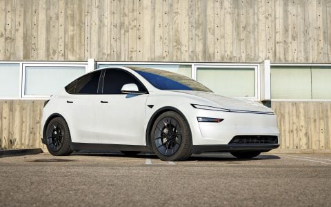 White Lowered Tesla Model Y Juniper on UP Forged UP-RW Road Warrior Wheels